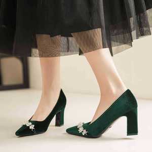 Pointed Toe Pumps Black Velvet <b>Block</b> Heel Medium Height Flower Embellished Formal Shoes 7188-15 - Product Image 3