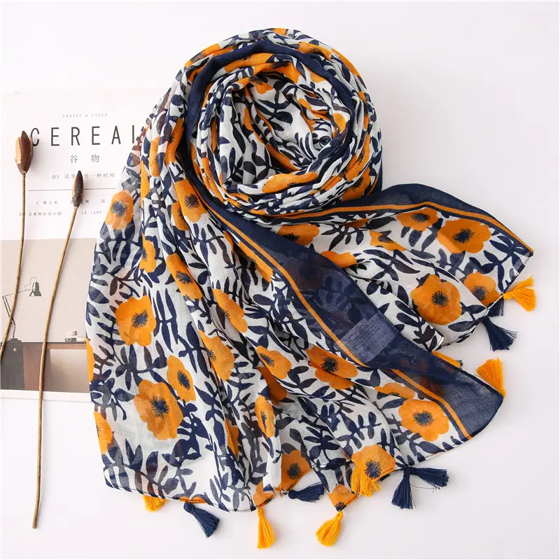 Wholesale 2022 New Style Fringed Hijab Scarves Fashion Yellow Block Floral Print Tassel Women Soft Cotton Scarf