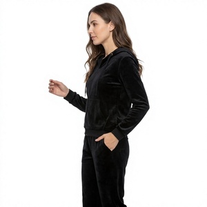 <b>Women's</b> <b>Black</b> 100% Cotton Solid Velour Autumn Tracksuit Set Hooded Zip-Up Front Logo <b>Jacket</b> and Sweatpants 2-Piece Outfit - Product Image 3