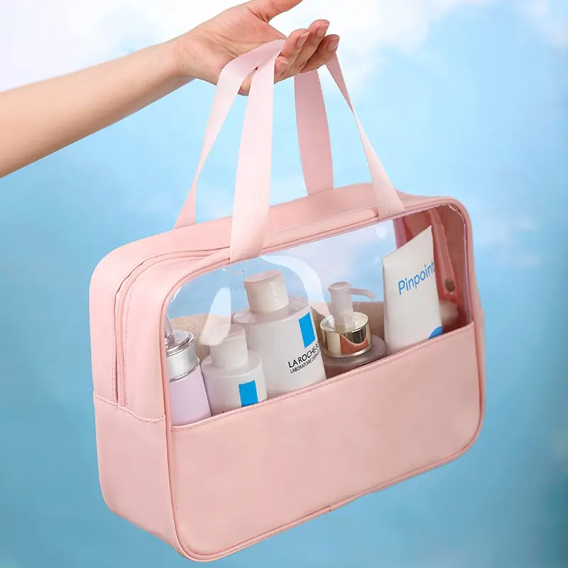 2023 top selling waterproof clear pvc zipper pouch with pu leather fabric as laundry wash bags