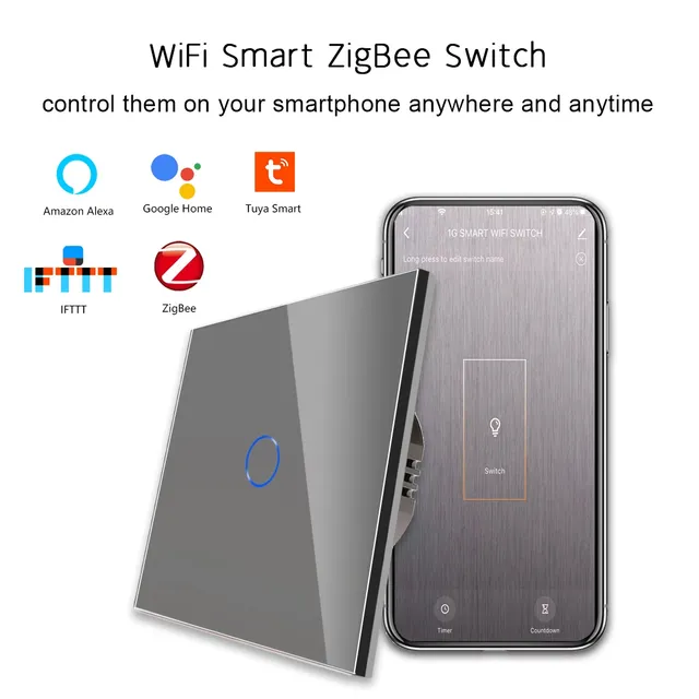 EU UK 86 Type Smart Wall Switch 1/2/3 Gang Touch Button Switch with WiFi App Control for Smart Home up to 10A 240V