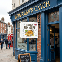 Bannière publicitaire personnalisée 3x5FT sur le thème du Fish and Chips, en polyester non tissé, pour promotion extérieure, résistante aux UV, signalétique imprimée numériquement