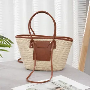 Niyang nuevo diseño verano color beige tejido a mano Bolso grande correa de hombro de cuero bolso de mujer cesta de paja de papel