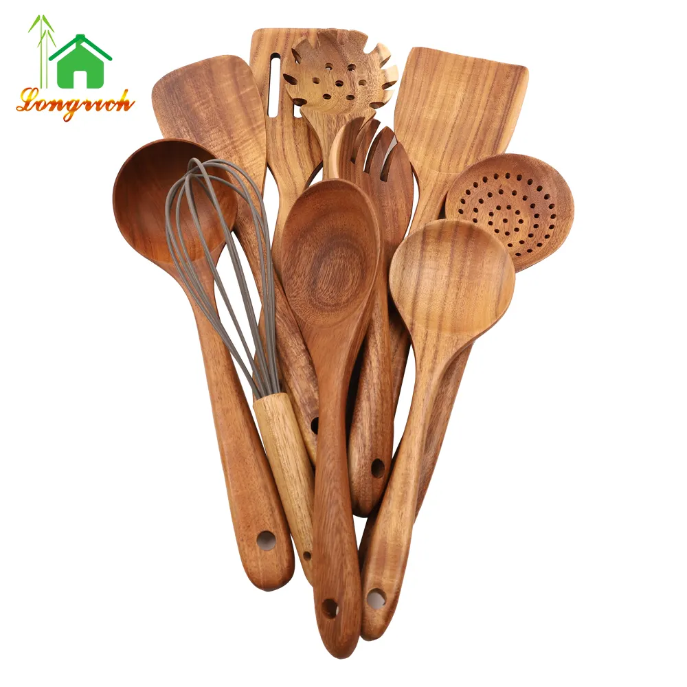 Acacia Wood Non-Stick Tools Utensils Sets 10 Piece Long Handle Spoons and Spatula for Kitchen Cooking Natural