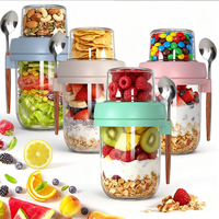 Lot de 4 pots à overnight oats à double compartiment (humide/sec) avec cuillère, pots Mason, coupes à parfait pour yaourt, contenants alimentaires portables