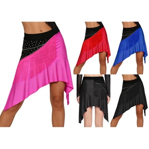 Falda de baile latino para mujer con flecos y pedrería, cintura alta, dobladillo asimétrico tipo pañuelo, para Salsa, Tango, Baile de Salón, Actuaciones en Escenario, Personalizada - Product Image 1