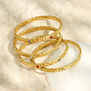Waterproof Hammer Pattern High Polish Cuff Bangle Colorful Zircon Stainless Steel Gold Plated Female <b>Bracelet</b> - Product Image 3