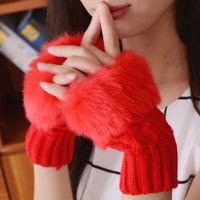 I-0056 Gants courts sans doigts pour femme, tricotés, chauds, en fausse fourrure, compatibles écran tactile, pour automne-hiver