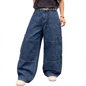 Hardihood International Plus Size <b>Men</b> <b>High</b> <b>Waist</b> Plaid Cargo <b>Jeans</b> Loose Fit Zipper Fly Stonewashed Paisley Pattern Blue Woven - Product Image 1