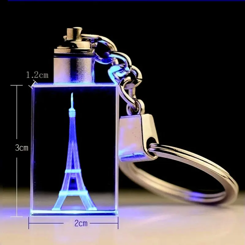 एफिल टॉवर रात को प्रकाश एलईडी क्रिस्टल कुंजी धारक के साथ कस्टम लोगो पाठ तस्वीर के लिए शादी की स्मारिका क्रिस्टल कीरिंग चाबी का गुच्छा