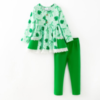 En stock – Ensemble décontracté doux pour bébés filles, motif trèfle de la Saint-Patrick, peplum vert uni, pantalon en polyester et élasthanne pour l'hiver