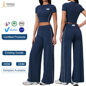 Under Lulu Brushed Nylon Yoga Set Short Sleeve Crop Top Contrast Piping Wide Leg Pants Structural Line Gym Suit Women Activewear