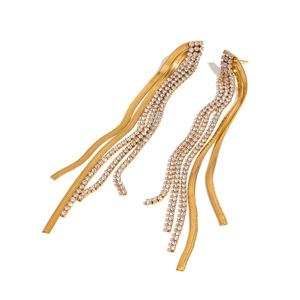 Elegant Tassel Drop Earrings Gold Rhinestone Channel Setting Party Jewelry <b>Titanium</b> Steel <b>Studs</b> Long Fringe Fashion Earrings - Product Image 4