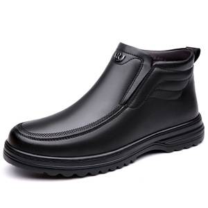Bottes d'hiver en cuir doublées de polaire pour hommes, bottes de neige noires épaisses, antidérapantes et imperméables pour les pères d'âge moyen et les personnes âgées - Product Image 5
