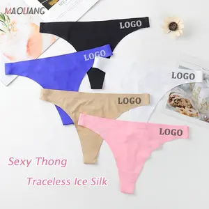 40418 özel mektup logosu buz ipek Traceless Tangas bayanlar düşük bel G String kısa Bikini kadın iç çamaşırı külot dikişsiz tanga