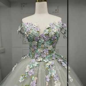 エレガントなオーガンザボールガウンオフショルダーアップリケ花イブニングデビュタントドレスレースクリスタル刺繍パーティー - Product Image 4