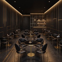 Table et chaises de salle à manger rétro noir et or, mobilier commercial élégant et durable. Idéal pour les bars et les cafés