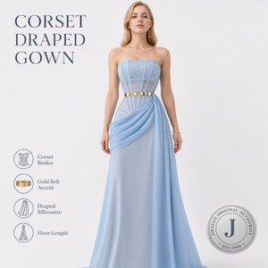 <span class=keywords><strong>Vestido</strong></span> de Noche <span class=keywords><strong>Azul</strong></span> Polvo <span class=keywords><strong>con</strong></span> Corsé para Mujer, <span class=keywords><strong>Vestido</strong></span> Largo Formal de Gasa sin Tirantes <span class=keywords><strong>con</strong></span> Cinturón <span class=keywords><strong>Dorado</strong></span>, Personalizado OEM/ODM - Product Image 1
