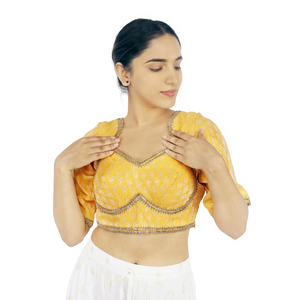 <b>Yellow</b> Embroidered Traditional 100% Silk Woven Women Blouse <b>Crop</b> <b>Top</b> Short Sleeve Printed for Party Wear - Product Image 1
