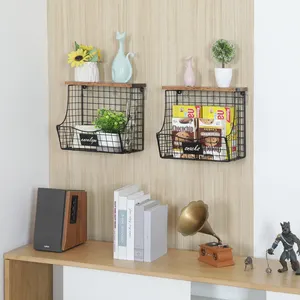 OEM ODM Kitchen Hanging Vegetable Storage Basket Banana Hanger Metal Fruit Basket With Wood Top