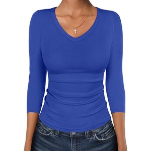 FOXA – haut en tricot côtelé pour femmes, manches 3/4, col en v, coupe ajustée, t-shirt basique, tenue décontractée, tenue d'été tendance - Product Image 1