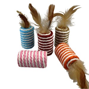 Cat Chew Toys Cute Colorful Cotton Rope Cylinder with Feather Teeth Cleaning Durable Plaything for Cats - Product Image 1