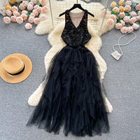 Robe décontractée pour femmes, sans manches, col en V, dentelle, patchwork, tulle, coupe évasée, élégante, longue, à superpositions, pour les occasions spéciales et le quotidien