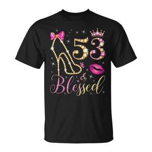 T-shirt d'anniversaire « 53 & Blessed » pour femme, style « Queen », noir, manches courtes, col rond, impression numérique, pour adulte, tenue de fête - Product Image 1