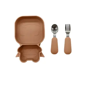 Eco Friendly Baby Feeding Dinnerware Two Grids Silicone Suction Dinner Plate With Stainless Steel Fork And Spoon