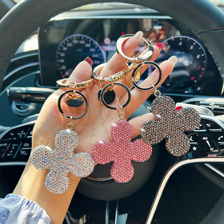 Bling Full Diamond Four Leaf Clover Charm Keychain Lucky Glitter Crystal  Rhinestone Flower Bag Hanging Pendant Key Chain Keyring