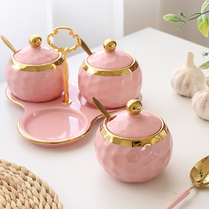 Ensemble de 3 pots à épices en céramique de style nordique, luxe, bord doré, rose, blanc, vert, avec plateau et cuillère - Product Image 5