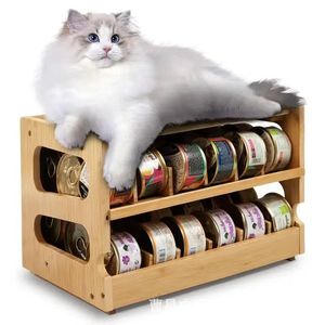 Bamboo Pet Food <b>Storage</b> Rack Stackable Wooden Cat Dog Treat Can Holder <b>Kitchen</b> Standing Type - Product Image 5