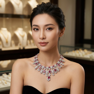 Luxury <b>Ruby</b> Pink CZ Indian Bridal Wedding Party <b>Necklace</b> Drop Earrings Jewellery Set Rhodium Plated Brass Base Metal - Product Image 3