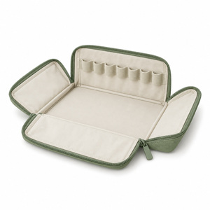 Bolsa organizadora de maquillaje con bandeja plana abierta, de nailon, con paredes plegables en forma de U, cremallera, bucles elásticos para brochas, se puede mantener de pie, logotipo personalizado, ISO BSCI - Product Image 1