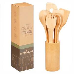 Juego de herramientas de cocina desechables de madera de bambú, 6 piezas, cocina doméstica, antiadherente, resistente a altas temperaturas, cuchara de arroz, mango largo - Product Image 3