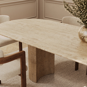 Tavolo da Pranzo Ovale <span class=keywords><strong>in</strong></span> Marmo Travertino Naturale Kumusi Furniture con Base Scanalata a Mezzaluna - Product Image 3