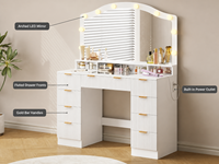 Table de maquillage avec miroir LED arqué et étagères de rangement pour dressing, armoire ou coiffeuse de chambre