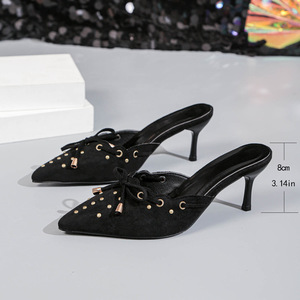 Sexy Bow Toe Slippers Summer New Arrival Elegant Rivet <b>Slip</b>-on Mid-heel <b>Half</b> Slippers for Women - Product Image 2