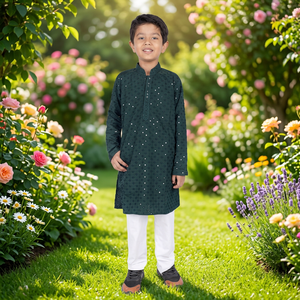 Kinder Pailletten-Besticktes Rayon Schnelltrocknendes Kurta-Pyjama-Set Jungen Traditionelle Indische Ethnische Hochzeits- und Festtagskleidung - Product Image 1