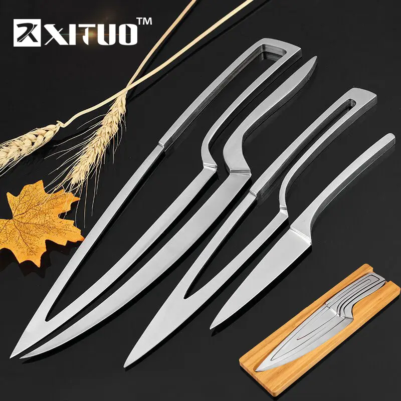 XITUO 4pcs Multi Kitchen knives Stainless steel Cascading knife With bamboo knife holder best gift for kitchen cooking