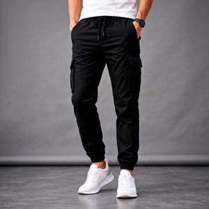 Nouveau pantalon cargo décontracté pour homme en toile noire, avec cordon de serrage, taille élastique, plusieurs poches, respirant, style décontracté, été - Product Image 1