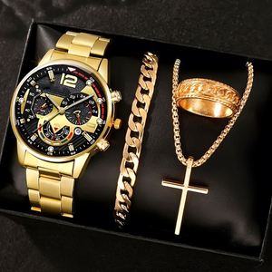Alloy Fashion Stainless Steel Quartz Watch <b>Bracelet</b> Jewelry Set Classic Boy Gold Geneva Watches Set for Men - Product Image 1