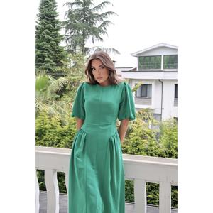 Robe midi verte unie en lin tissé froncé avec laçage au dos et taille naturelle - Product Image 4