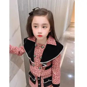 Set Pakaian Putri Pita 2 Potong untuk Perempuan, Setelan Jas Jaket dan Rok Anak-anak Musim Gugur Musim Dingin Desain Korea