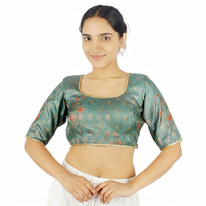 Blusa Corta Verde con Estampado Floral Banarasi, Cuello Cuadrado, Media Manga, Elástica, para Mujer - Product Image 1