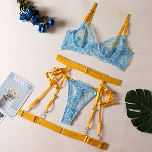 Deep Love ricamo New Baby Blue <span class=keywords><strong>scollo</strong></span> a <span class=keywords><strong>v</strong></span> 4 pezzi Sexy Lingerie di pizzo floreale Set biancheria <span class=keywords><strong>intima</strong></span> Sexy con reggicalze - Product Image 5