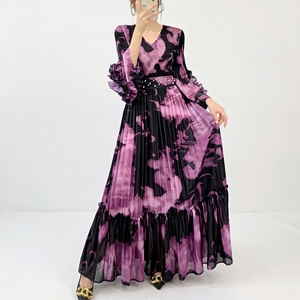 Nouvelle Robe Décontractée Femme 2026 Coupe Ample Ceinturée Imprimé Floral Manches Plissées à Volants Grande Taille Style Miyake - Product Image 4