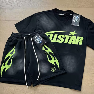 Conjunto de Camiseta Oversize de Algodón Lavado Estilo Hip-hop Streetwear con Efecto Desgastado y NFC Hell Star para Hombre - Product Image 6