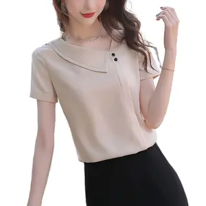 الصين مصنع مباشرة بيع دروبشيب الجملة الأبيض الخامس الرقبة القمصان للنساء قصيرة الأكمام بلوزة مكتب سيدة ملابس الصيف قمم
