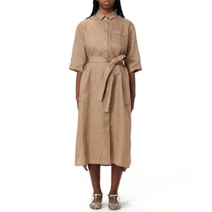 Robe chemise mi-longue en lin unie à ceinture, coupe décontractée, avec logo personnalisé, pour femme – Meilleure vente - Product Image 1